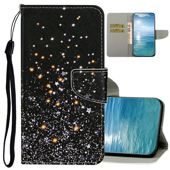 Dteck for iPhone 15 Case Wallet with Card Holder, Cute Pattern Folio Flip PU Leather Wallet Case for Women Men, Black Star