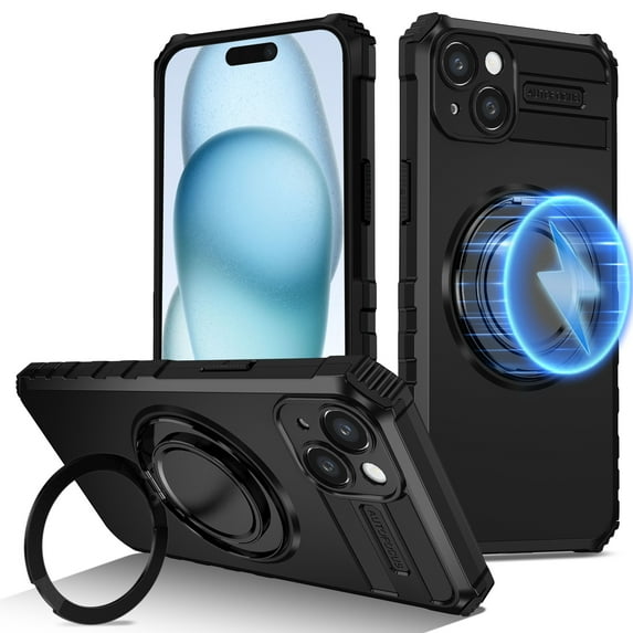 Dteck for iPhone 15 Case with Rotating Ring Stand, Compatible with MagSafe, Heavy Duty Magnetic Phone Case for iPhone 15,Black