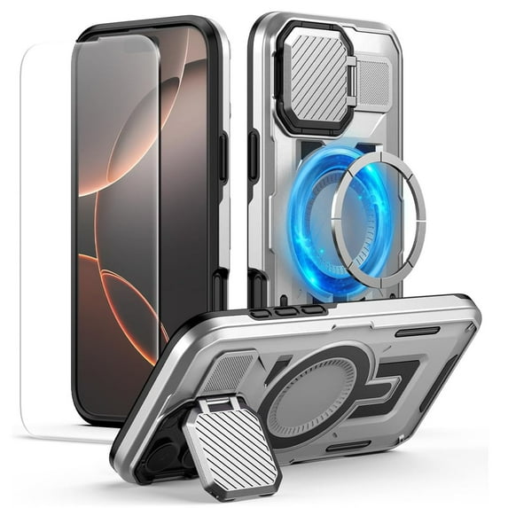 Dteck for iPhone 15 Case with Screen Protector, Shockproof Magnetic Multi-Layer Military Lens Stand Heavy Duty Full Body Rugged Hard Shell, Gray