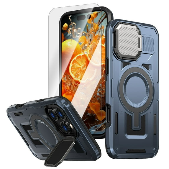 Dteck for iPhone 15 Case with Screen Protector, Shockproof Magnetic Multi-Layer Military Lens Stand Heavy Duty Full Body Rugged Hard Shell, Navyblue