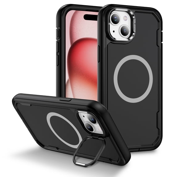 Dteck for iPhone 15 Plus Case with Camera Stand, Military-Grade Drop Protection Magnetic Phone Case Compatible with MagSafe Accessories, All Black