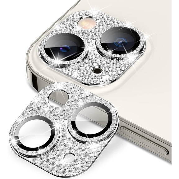 Dteck for iPhone 15 Pro Camera Lens Protector Bling, Glitter Diamond Metal Lens Cover Glass Screen Protector Accessories Case, Silver