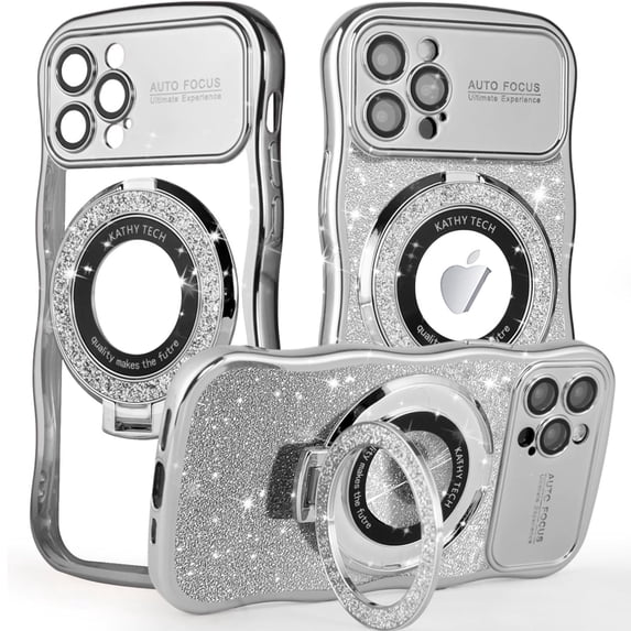 Dteck for iPhone 15 Pro Case with Camera Lens Protector, Love Heart with Rotating Ring Holder Stand Sparkly Phone Case for iPhone 15 Pro,Silver