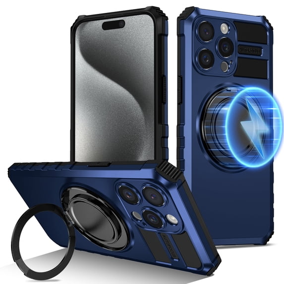 Dteck for iPhone 15 Pro Case with Rotating Ring Stand, Compatible with MagSafe, Heavy Duty Magnetic Phone Case for iPhone 15 Pro,Blue