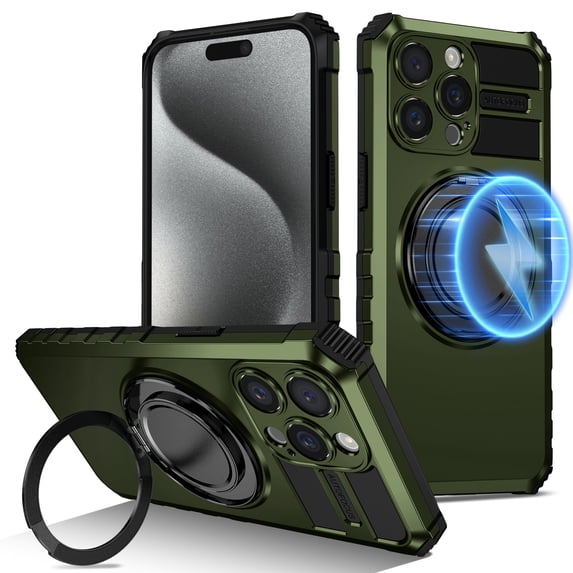 Dteck for iPhone 15 Pro Case with Rotating Ring Stand, Compatible with MagSafe, Heavy Duty Magnetic Phone Case for iPhone 15 Pro,Green