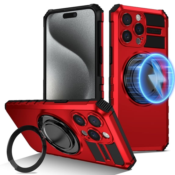 Dteck for iPhone 15 Pro Case with Rotating Ring Stand, Compatible with MagSafe, Heavy Duty Magnetic Phone Case for iPhone 15 Pro,Red