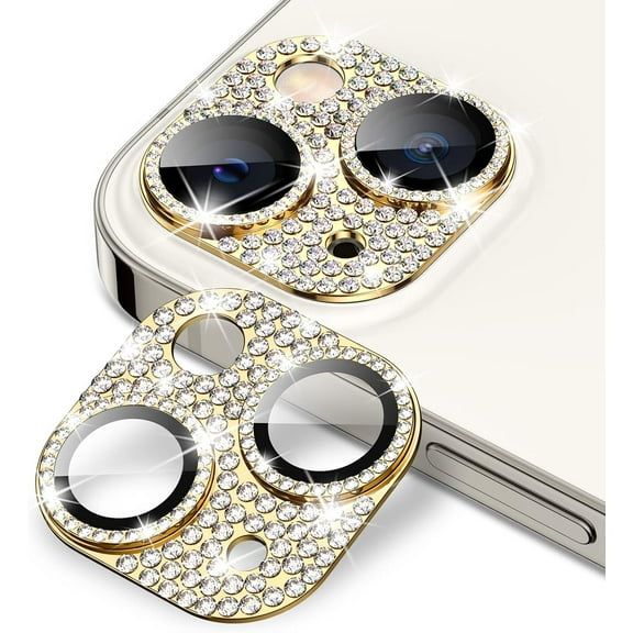 Dteck for iPhone 15 Pro Max Camera Lens Protector Bling, Glitter Diamond Metal Lens Cover Glass Screen Protector Accessories Case, Gold