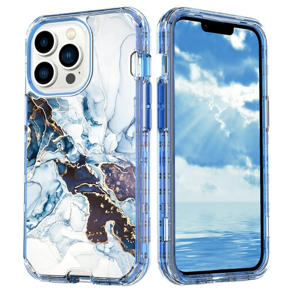 Dteck for iPhone 15 Pro Max Case, 3 in 1 Heavy Duty Hybrid Hard PC Rugged Marble Pattern Protective Cover for Apple iPhone 15 Pro Max,02#-Light Blue