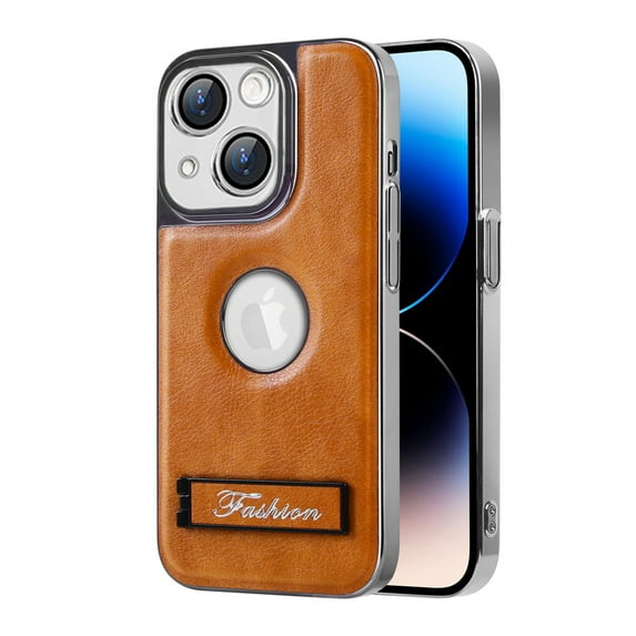 Dteck for iPhone 15 Pro Max Case,Shockproof Business Vintage Slim Anti-Scratch Non-Slip Soft Grip Foldable Kickstand Logo View Cover,Brown