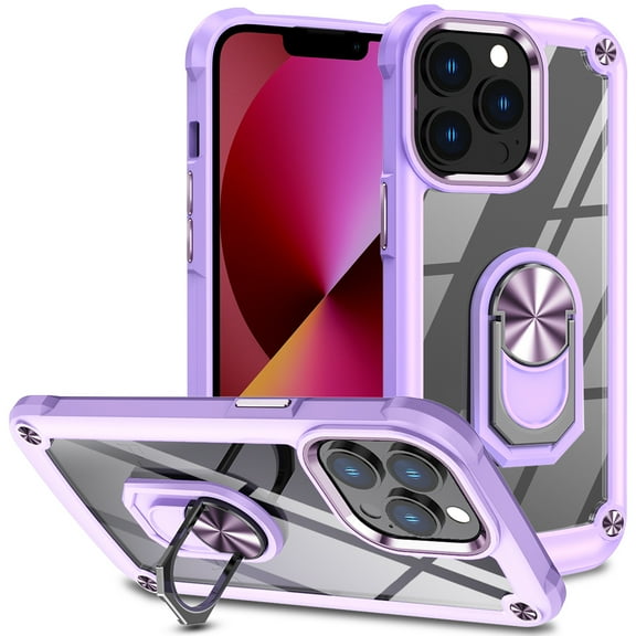 Dteck for iPhone 15 Pro Max Case, Shockproof Crystal Clear Anti-Yellow Heavy Duty Acrylic Protective Phone Case with Magnetic Kickstand Cover, Purple