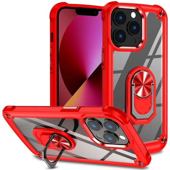 Dteck for iPhone 15 Pro Max Case, Shockproof Crystal Clear Anti-Yellow Heavy Duty Acrylic Protective Phone Case with Magnetic Kickstand Cover, Red