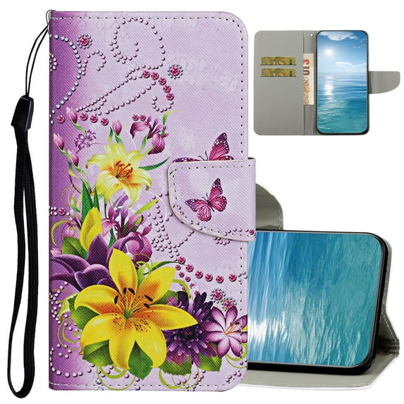 Dteck for iPhone 15 Pro Max Case Wallet with Card Holder, Cute Pattern Folio Flip PU Leather Wallet Case for Women Men, Yellow Flower