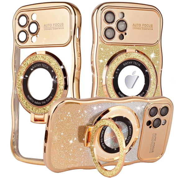 Dteck for iPhone 15 Pro Max Case with Camera Lens Protector, Love Heart with Rotating Ring Holder Stand Sparkly Phone Case for iPhone 15 Pro Max,Gold
