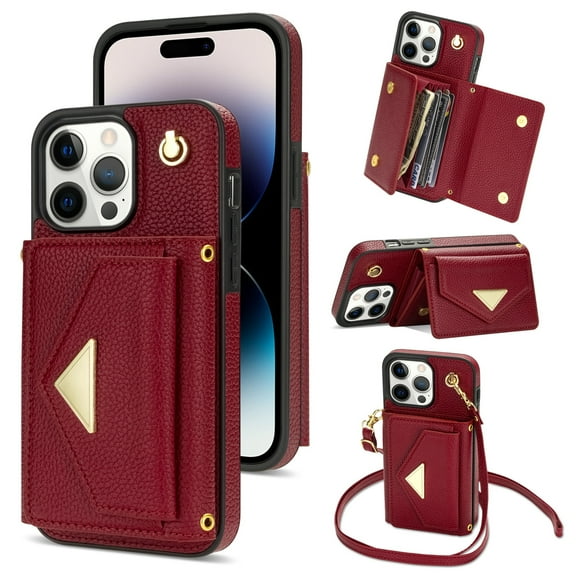 Dteck for iPhone 15 Pro Max Wallet Case with Crossbody Lanyard, PU Leather Card Holder Purse Shockproof Phone Cover for iPhone 15 Pro Max,Red