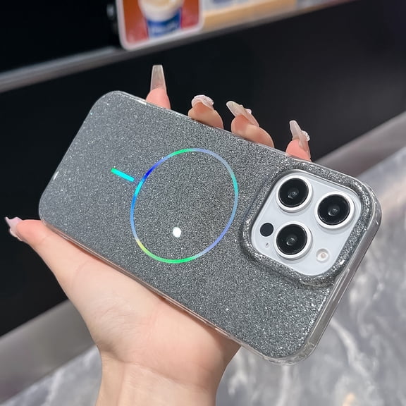 Dteck for iPhone 15 Pro, Shockproof Glitter Bling Sparkle Laser Magnetic Compatible with MagSafe Wireless Charging Slim TPU+ PC Case, Gray