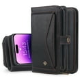 thumbnail image 1 of Dteck for iPhone 15 Pro, Zipper Pocket Wallet Case, Multifunction Magnetic Detachable PU Leather Card Slot Kickstand Case with Wrist Strap, Black, 1 of 6