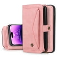 thumbnail image 1 of Dteck for iPhone 15 Pro, Zipper Pocket Wallet Case, Multifunction Magnetic Detachable PU Leather Card Slot Kickstand Case with Wrist Strap, Pink, 1 of 8