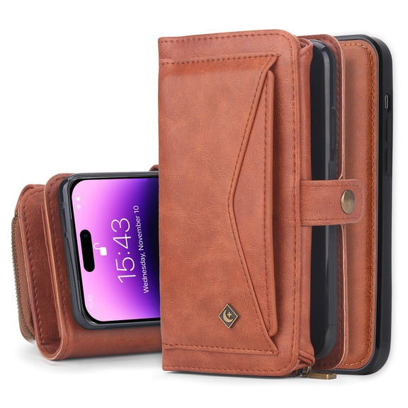 Dteck for iPhone 15, Zipper Pocket Wallet Case, Multifunction Magnetic Detachable PU Leather Card Slot Kickstand Case with Wrist Strap, Brown