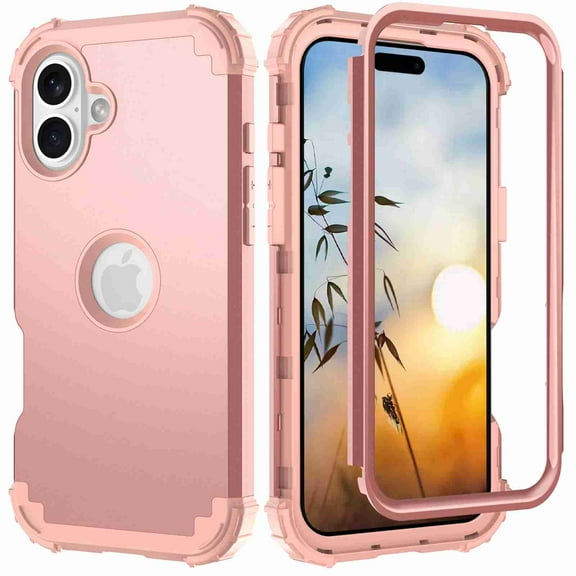 Dteck for iPhone 16, 3 in 1 Full Body Rugged Shockproof Slim Hybrid Heavy Duty Hard PC Cover Soft Silicone Rugged Bumper Protective Case, Rosegold