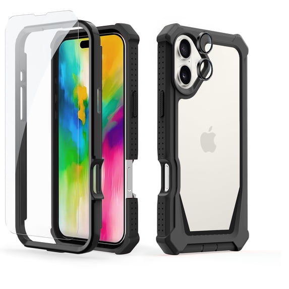 Dteck for iPhone 16 Case 6.1", Full Body Bumper Phone Case with Glass Screen Protector + Camera Lens Protector, Drop Proof iPhone 16 Cover, Black
