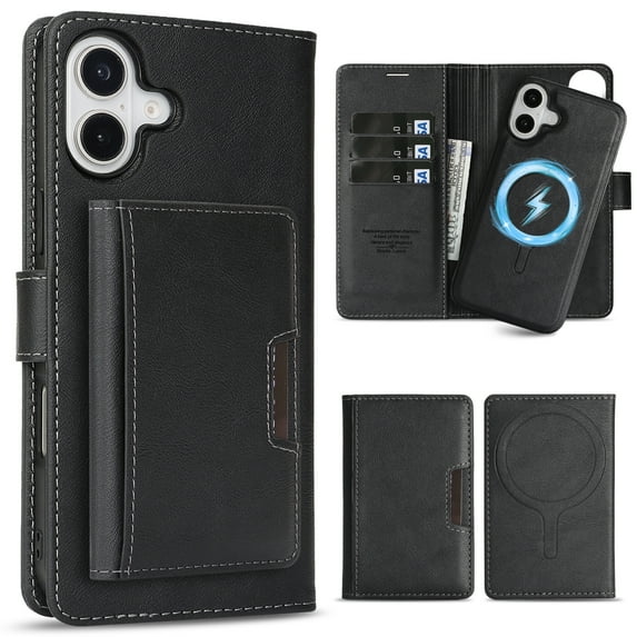 Dteck for iPhone 16 Case Detachable Wallet Case with Card Holder, 3 in 1 PU Leather Flip Folio with RFID Blocking Stand Shockproof Phone Cover,Black