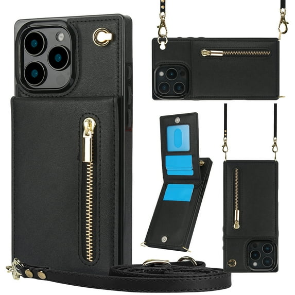 Dteck for iPhone 16 Case, Shockproof Magnetic Protective Zipper Pocket Purse Handbag Shoulder Strap Stylish Protective Cover, Black