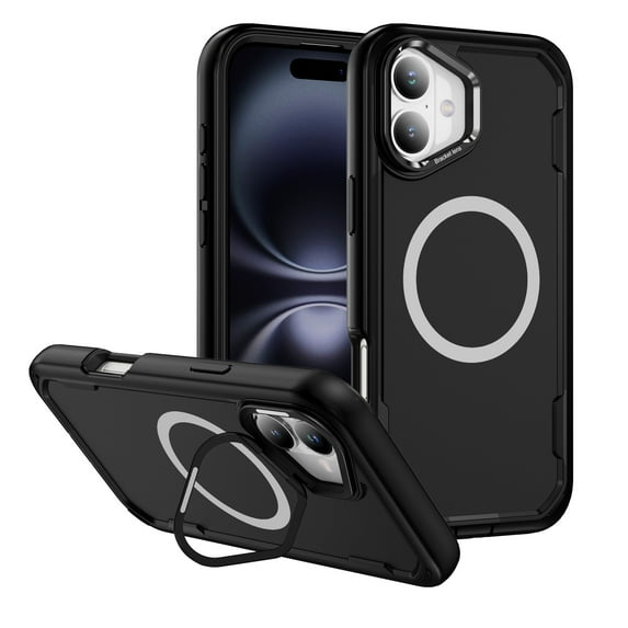 Dteck for iPhone 16 Case with Camera Stand, Military-Grade Drop Protection Magnetic Phone Case Compatible with MagSafe Accessories, All Black