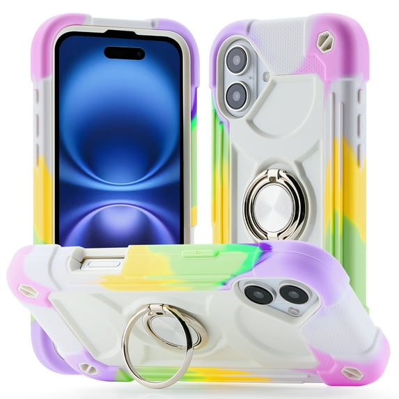 Dteck for iPhone 16 Case with Double Ring Stand, Heavy Duty Silicone +PC Military Grade Shockproof Back Cover for iPhone 16,Colorful Beige