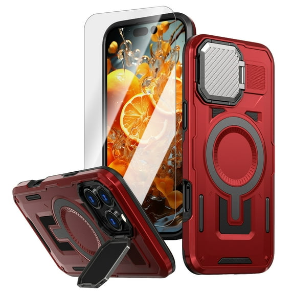 Dteck for iPhone 16 Case with Screen Protector, Shockproof Magnetic Multi-Layer Military Lens Stand Heavy Duty Full Body Rugged Hard Shell, Red