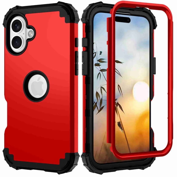 Dteck for iPhone 16 Plus, 3 in 1 Full Body Rugged Shockproof Slim Hybrid Heavy Duty Hard PC Cover Soft Silicone Rugged Bumper Protective Case, Red