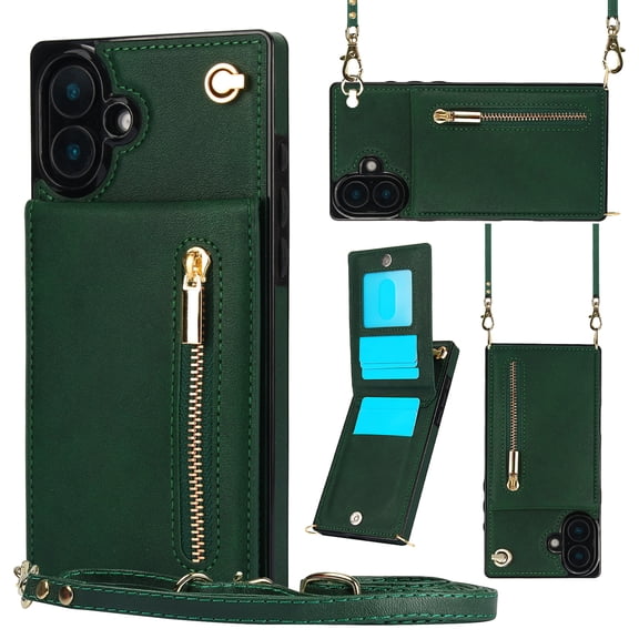 Dteck for iPhone 16 Plus Case, Shockproof Magnetic Protective Zipper Pocket Purse Handbag Shoulder Strap Stylish Protective Cover, Green