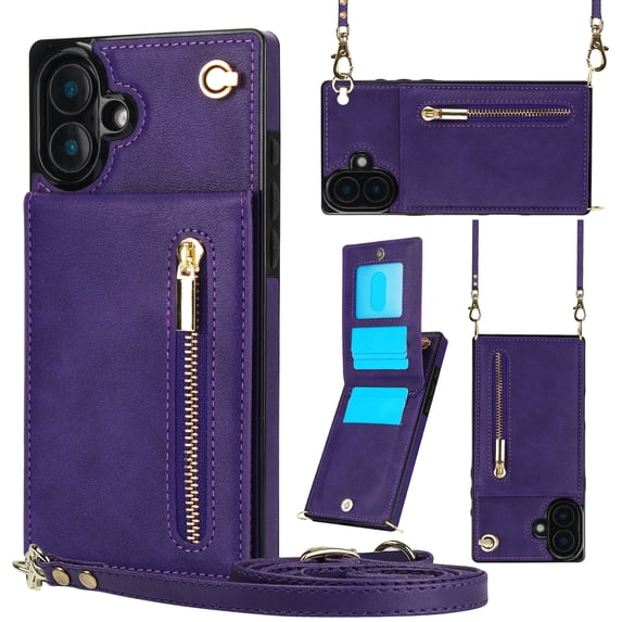Dteck for iPhone 16 Plus Case, Shockproof Magnetic Protective Zipper Pocket Purse Handbag Shoulder Strap Stylish Protective Cover, Purple