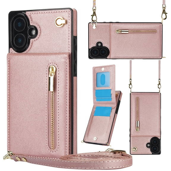 Dteck for iPhone 16 Plus Case, Shockproof Magnetic Protective Zipper Pocket Purse Handbag Shoulder Strap Stylish Protective Cover, Rosegold