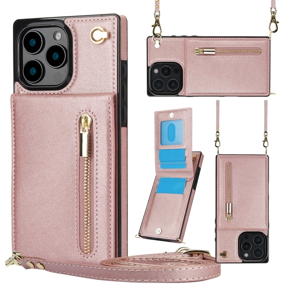 Dteck for iPhone 16 Pro Case, Shockproof Magnetic Protective Zipper Pocket Purse Handbag Shoulder Strap Stylish Protective Cover, Rosegold