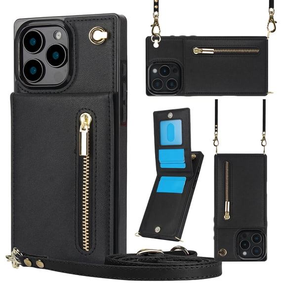 Dteck for iPhone 16 Pro Max Case, Shockproof Magnetic Protective Zipper Pocket Purse Handbag Shoulder Strap Stylish Protective Cover, Black