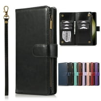 Dteck for iPhone 16 Pro Max Wallet Case, PU Leather Phone Case Women Men Kickstand Flip Cover Wrist Strap Zipper Pocket 9-Credit Card Slots,Black