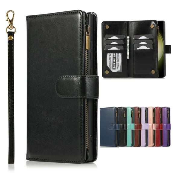 Dteck for iPhone 16 Pro Max Wallet Case, PU Leather Phone Case Women Men Kickstand Flip Cover Wrist Strap Zipper Pocket 9-Credit Card Slots,Black