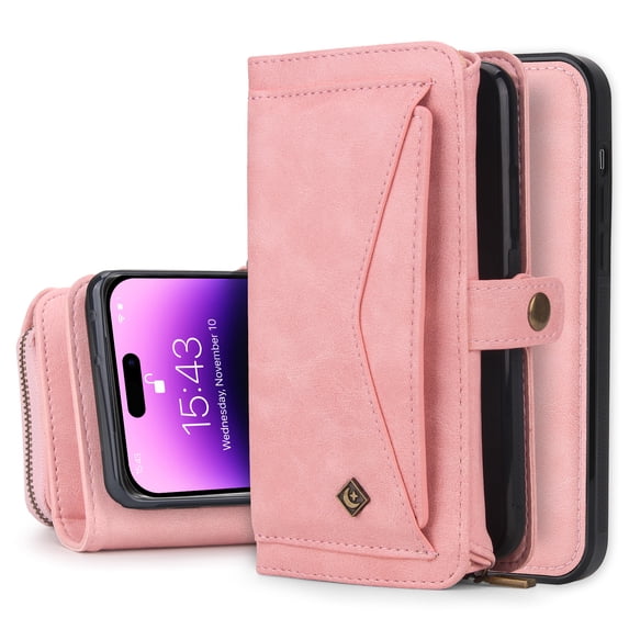 Dteck for iPhone 16 Pro, Zipper Pocket Wallet Case, Multifunction Magnetic Detachable PU Leather Card Slot Kickstand Case with Wrist Strap, Pink