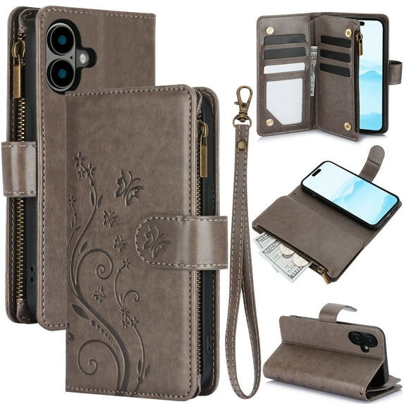 Dteck for iPhone 16 Wallet Case, Embossed Butterfly PU Leather Phone Case Women Men Flip Cover Wrist Strap Zipper Credit Card Holder Slots,Gray