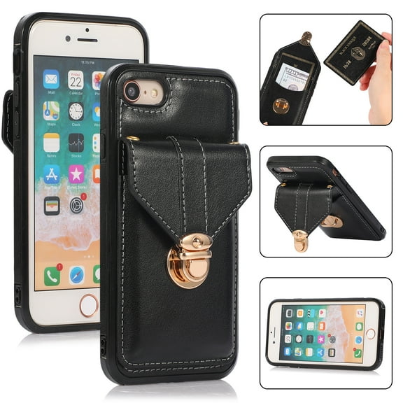 Dteck for iPhone 16E (2025) Case, Minimalist Wallet Pocket Case with and Crossbody Shoulder Strap Lanyard, Shockproof Stylish Protective Cove, Black