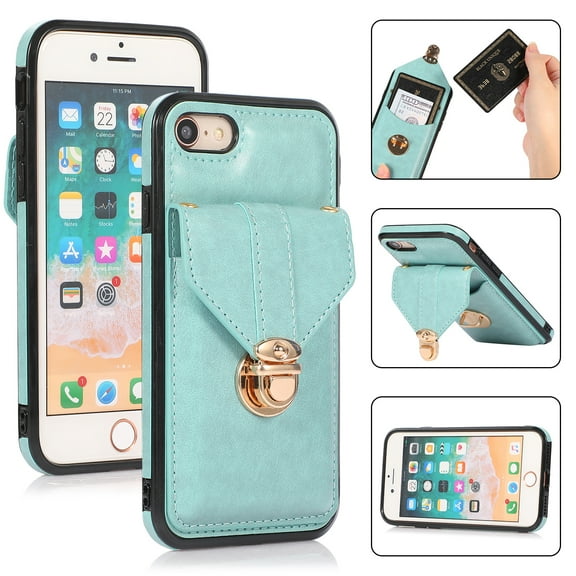 Dteck for iPhone 16E (2025) Case, Minimalist Wallet Pocket Case with and Crossbody Shoulder Strap Lanyard, Shockproof Stylish Protective Cove, Green