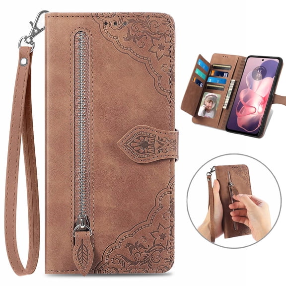Dteck for iPhone 16e Case Wallet with Card Holder Slots & Zipper Pocket, Embossed PU Leather Flip Cover with Wrist Strap for iPhone 16e,Brown