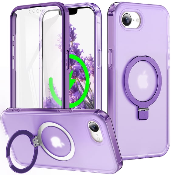 Dteck for iPhone 16e Magnetic Case with Invisible Ring Stand, Translucent Protective Cover with Built-in Screen Protector,Purple