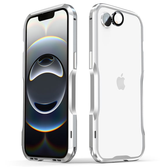 Dteck for iPhone 16e Metal Bumper Case with Camera Lens Cover, Slim Fit No Back Aluminum Frame 4 Corners Shockproof 6.1 Inch,Silver