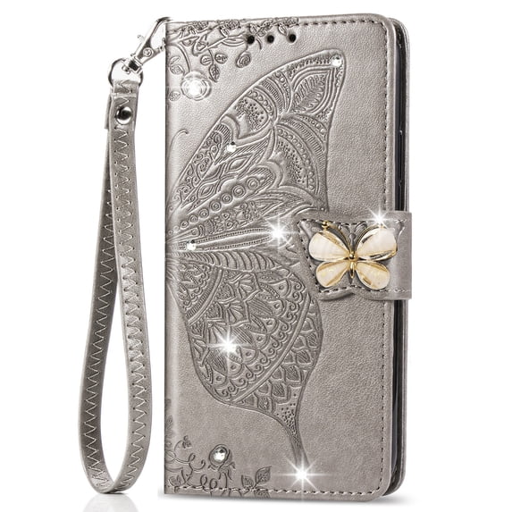 Dteck for iPhone 16e Wallet Case, Diamond 3D Butterfly Embossed PU Leather Folio Flip Stand Cover with Wristlet Strap for iPhone 16e, Gray