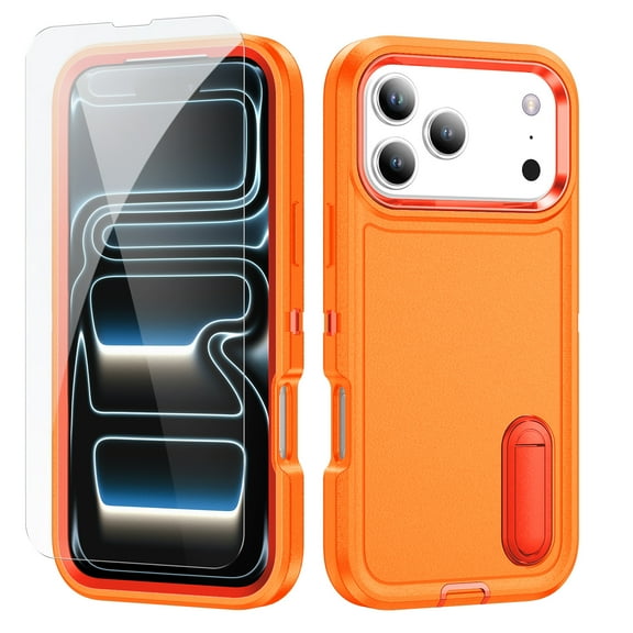 Dteck for iPhone 17 Pro Case with Screen Protector Tempered Glass, 360 Rugged Full Body Coverage Heavy Duty Shockproof Phone Cover 6.3 Inch,Orange