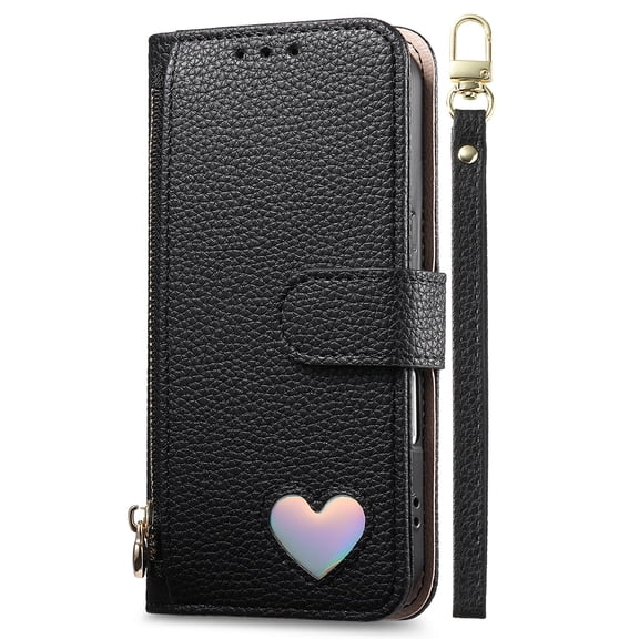 Dteck for iPhone 17 Pro Max Case Wallet with Card Holder, Love Pattern PU Leather Strap Zipper Pocket Shockproof Phone Cover,Black