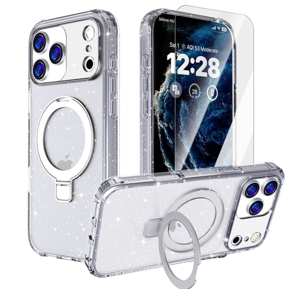 Dteck for iPhone 17 Pro Max Case with Magnetic Ring Stand, Compatible with MagSafe, Shockproof Translucent Protective Cover,Glitter