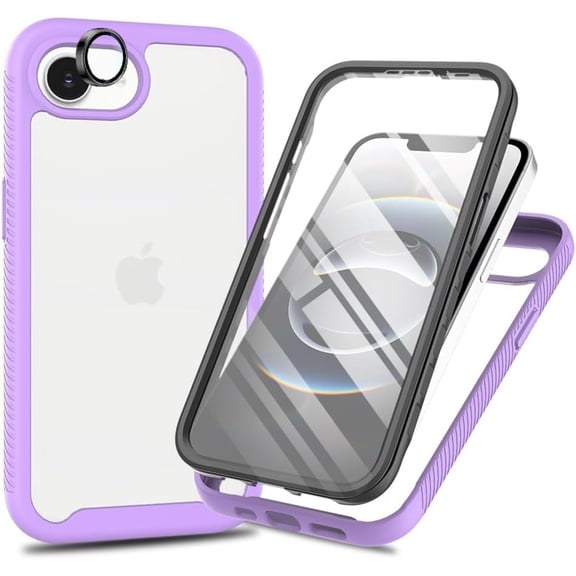 Dteck for iPhone 17e Case with Built-in Screen Protector and Camera Lens Cover, Full Body Protection Shockproof Rugged Bumper with Clear Back,Purple