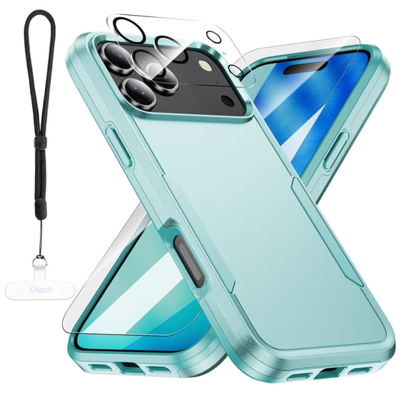 Dteck for iPhone 18 Pro Max Case with Glass Screen Protector Camera Lens Cover Wrist Strap, Full Body Shockproof Rugged Phone Cover,Mint